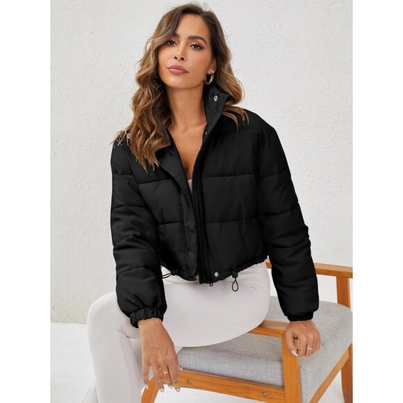 Women's Cropped Puffer Jacket Long Sleeve Puffy Coat Stand Collar Zip UP Black - Picture 4 of 6